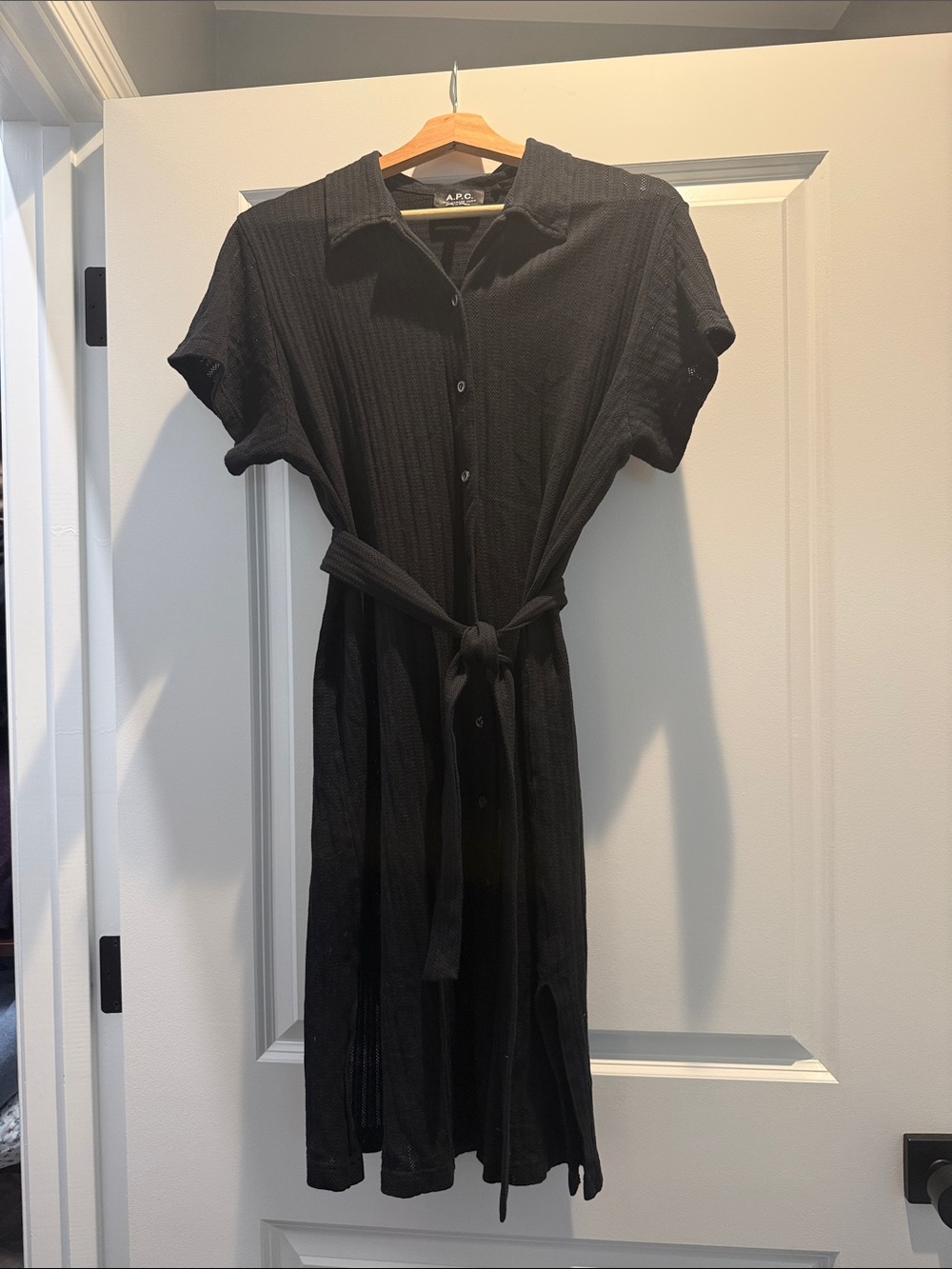 A.P.C. Black Short-Sleeve Button-Front Midi Dress with Tie Waist